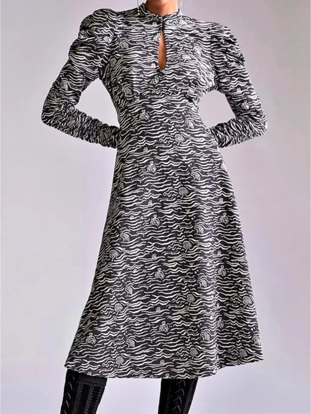 Anthropologie $170 Puff-Sleeved Jacquard Midi Dress